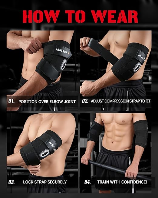 Jaffick Weightlifting Elbow Brace(1 Pair) - Elbow Sleeve with Dual Adjustable Compression Straps for Bench Press, Powerlifting, Pressing, Men & Women (Black, L)