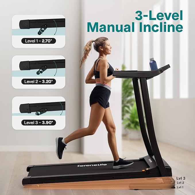 SereneLife Treadmills for Home with 13% Manual Incline Treadmill, 3.5HP - Compact Digital Portable Foldable Treadmill with Speakers, Bluetooth, App Sync, Heart Rate Monitor, for Walking, Running, Gym