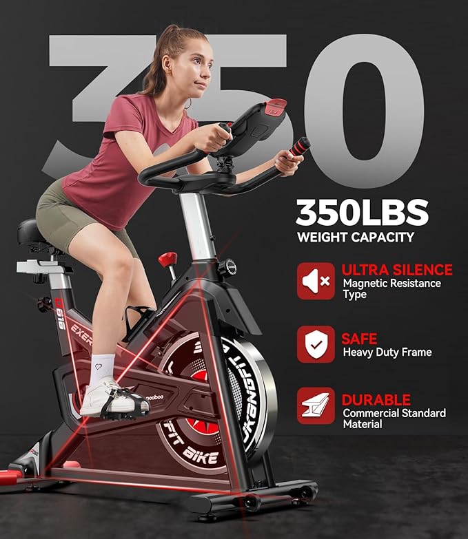 pooboo Exercise Bike, Adjustable Magnetic/Brake Pad Resistance Silent Belt Drive, Indoor Cycling Bike for Home Cardio, Fitness Stationary Bike with 350lbs/300lbs Weight Capacity &Upgraded Version Seat Solid Build 1