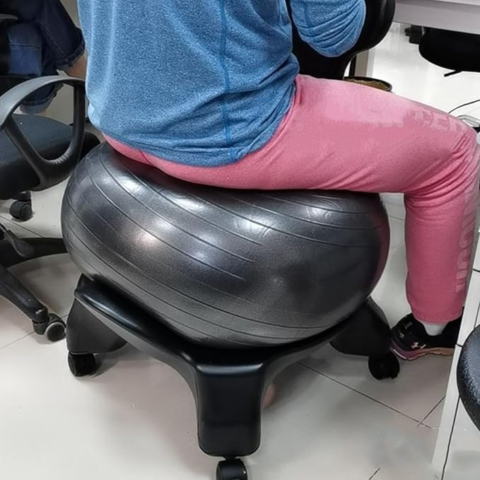 Home Gym Balance Ball Chair with Back Support, Adults Office Exercise Ball Chair, Rolling Balance Posture Chair, Anti-Burst Gray Yoga Ball, Base & Pump