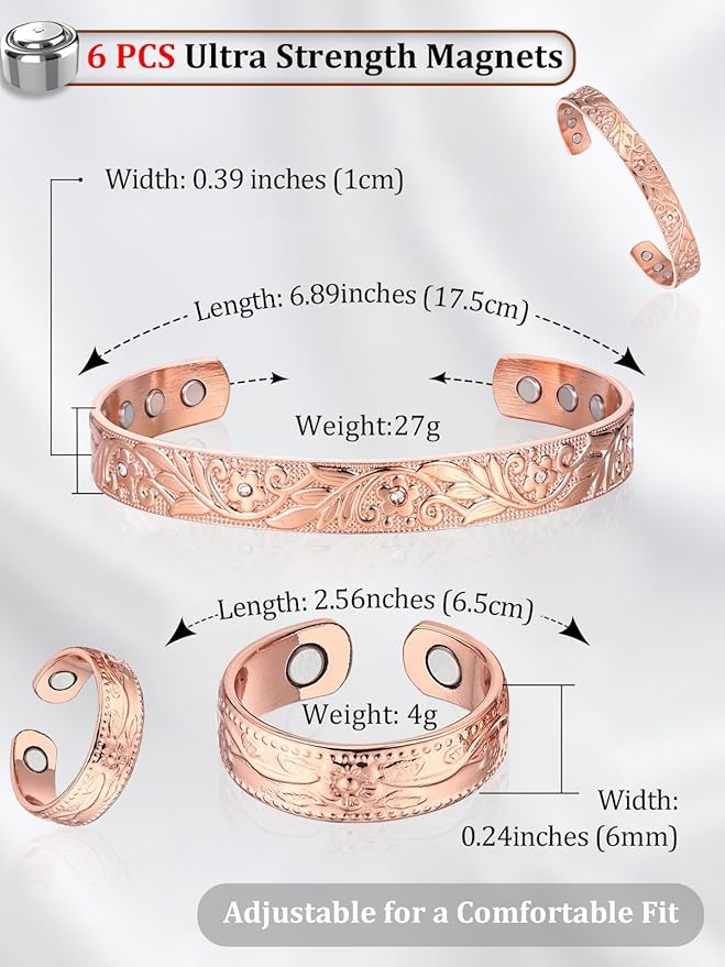BioMag Copper Bracelet & Ring for Women, 99.99% Pure Copper Magnetic Bracelet Lymphatic Drainage Rings with 3500 Gauss Magnets, Adjustable & Flower Pattern (Rose Gold B)