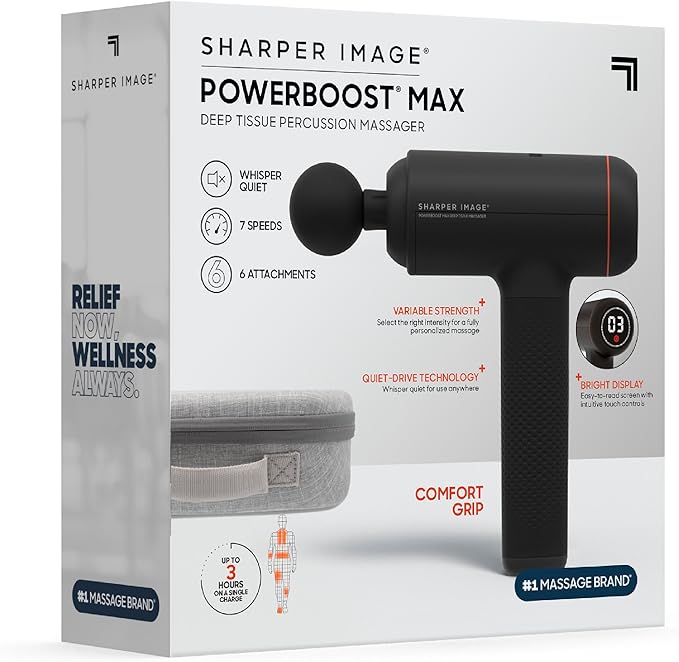 Sharper Image Deep Tissue Percussion Massage Gun, Powerboost MAX Rechargeable Handheld Massager, 7 Adjustable Speeds, 6 Attachment Heads & Carrying Case, Full Body Muscle Pain Relief, Black