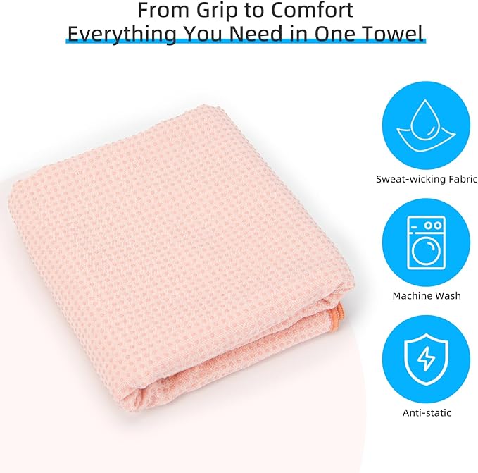 YESLIFE Non-Slip Extra Thick Hot Yoga Towel with One Sweat Towel, Microfiber Sweat Absorbent Yoga Mat Towel with Grip Dot, Pilates Mat, 72" x 24", Pink