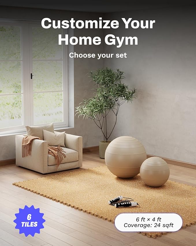 AIRHOP 0.79in Thick 24 Sq Ft Exercise Equipment Mats, 6 Tiles Upgraded Rubber Top with High Density EVA Foam, Large Interlocking Puzzle Gym Flooring for Home Gym, Heavy Weight Workout,Wood