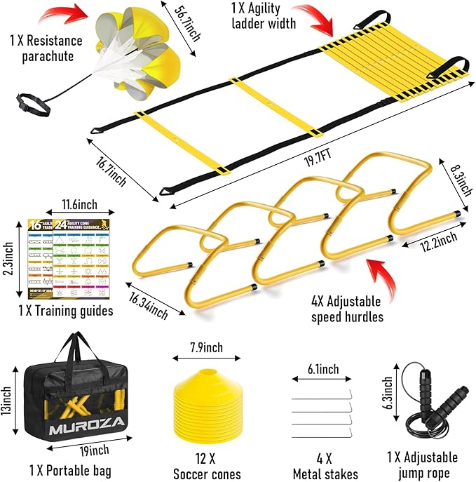 Agility Ladder, Agility Speed Training Equipment Set, 20ft Speed Ladder, 12 Soccer Cones, 4 Hurdles, Jump Rope, Running Parachute, Soccer Football Basketball Training Equipment Accessories