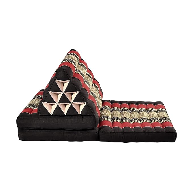 Zafuko Three-Fold Thai Cushion - Black/Red - Organic Water-Resistant Kapok Filling, Multi use Including meditaiton, Lounging, Reading, Stretching.