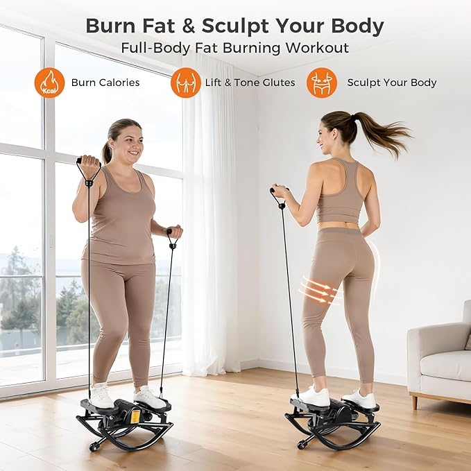 Rock Stepper Side to Side Low Impact Stair Stepper,Quiet Steppers for Exercise at Home with Resistance Bands & Non-Slip Mat – Exercise Step Balance Board Workout Equipment for Apartment & Living Room