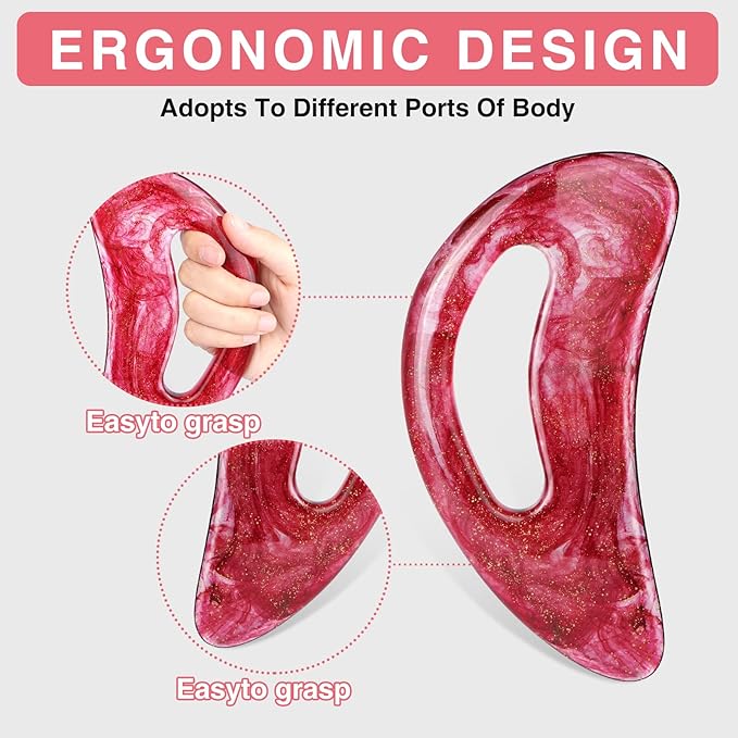 Body Gua Sha Tool Deep Tissue Massager for Back Pain & Full Body, Large Resin Lymphatic Drainage Scraping Board for Cellulite Removal, Ergonomic Hollow Grip, Face & Leg Massage Kit(Red)