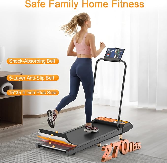 Treadmills for Home Small with 0%-8% Incline and APP Sync, Compact Under Desk Walking Treadmill Pad with Handle Bar Removable, Remote Control and LED Display, 2.5HP