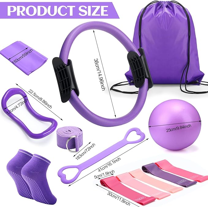 Pilates Ring Circle Set 18 Pcs Exercise Equipment Accessories for Women Workouts Pilates Ball Stretching Strap Magic Circle Yoga Ring Gym Back Bag Resistance Band Anti Slip Socks