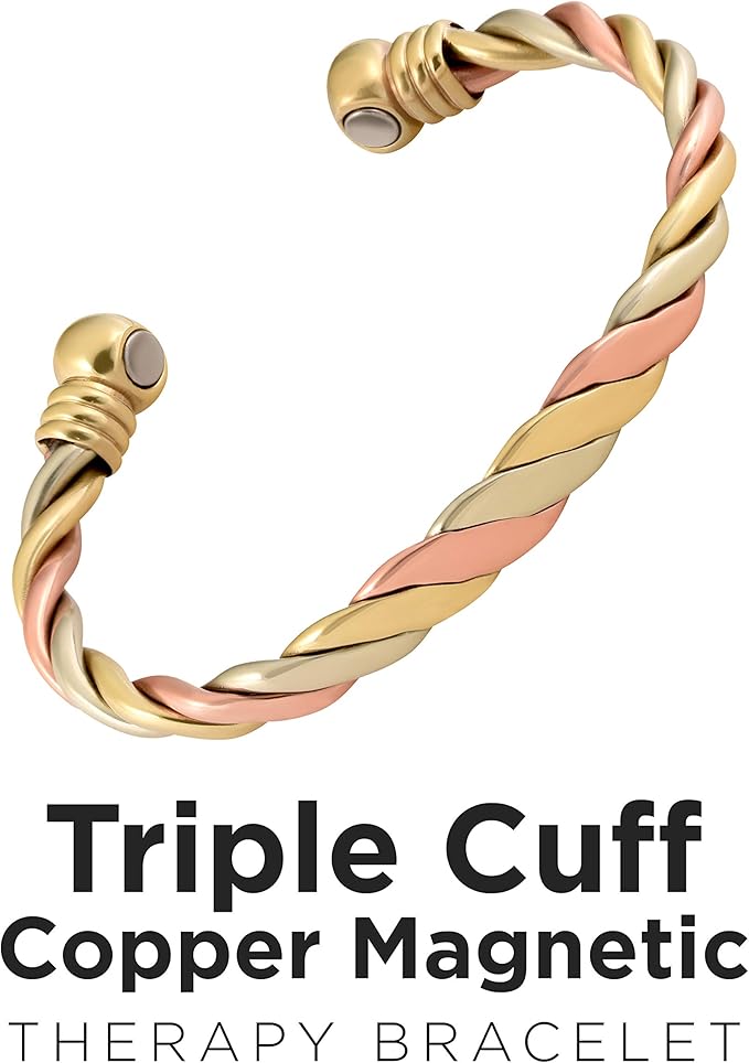 Magnetic Copper Bracelet Triple Cuff, For Men and Women, High Power Magnets, Adjustable Bangle