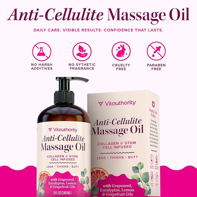 Anti-Cellulite Massage Oil with Collagen Stem Cells Fast-Absorbing Hydrating Body Oil for Thighs, Hips & Curves, Firming and Smoothing Formula with Grapefruit Lemon & Eucalyptus Essential Oils 8 Fl Oz