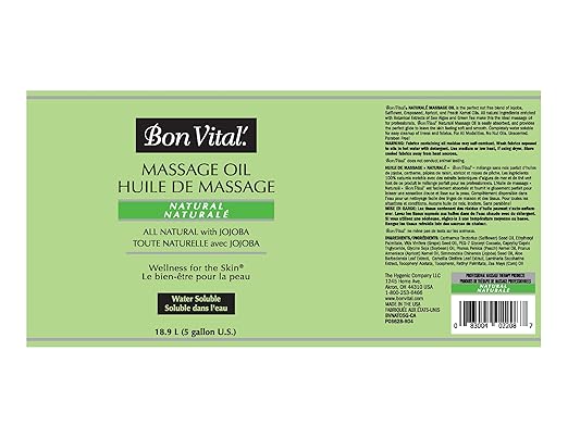 Bon Vital Naturale Massage Oil Made with Natural Ingredients for an Earth-Friendly Massage, Revives and Rehydrates Dry Skin Naturally, with Green Tea Extract, 5 Gal, Label may Vary
