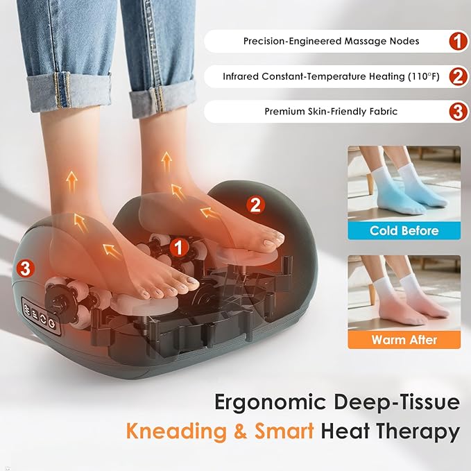 Foot Massager with Heat, Shiatsu Kneading Foot and Calf Electric Massager Machine with Roller, Massage Feet/Arm/Calf/Ankle for Relax, Plantar Fasciitis, Pain Relief, Gifts for Women & Men, Grey