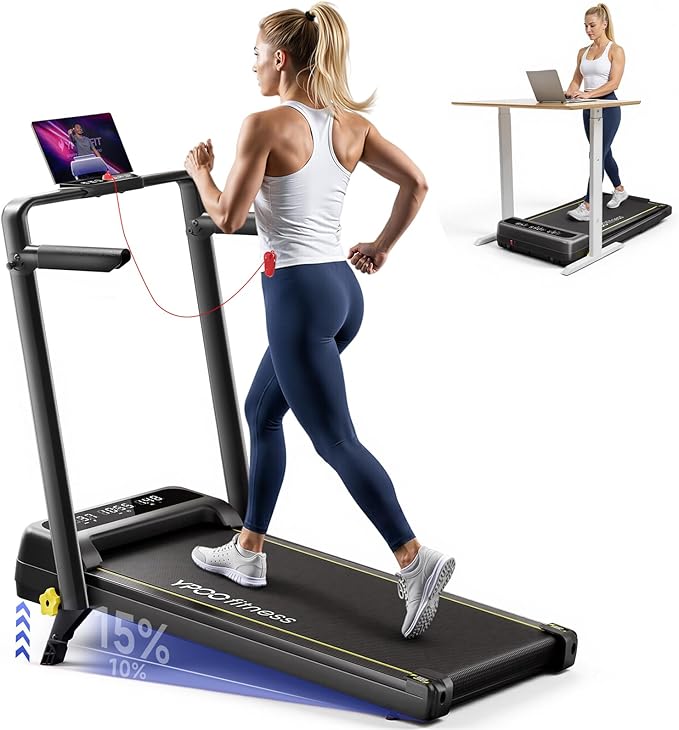 Foldable Treadmill with Incline, Walking Pad with Handle Bar 3 Level Incline, Portable Folding Treadmills for Home/Office 300 Lbs Capacity, Quiet Desk Treadmill with Remote Control & APP
