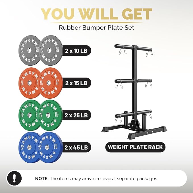 Weight Plate Tree Rack & Weight Set, Strength Training Plate Storage Stand and Barbell Holders for Home Gym, 1100 lb Weight Capacity, Fits Both 1" and 2" Bumper Plates