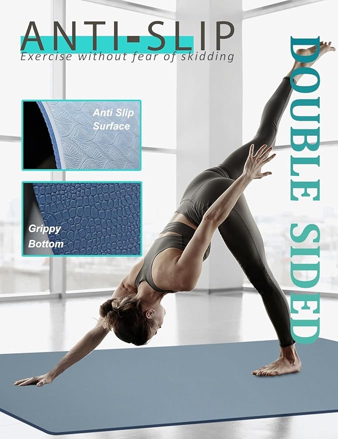 Yoga Mat Double-Sided Non Slip, 72'' x 32'' x 7mm - Extra Wide & Thick Yoga Mat for Women Men Kids, Professional TPE Yoga Mats for Home Workout, Yoga, Pilates and Floor Exercise, with Carrier Strap