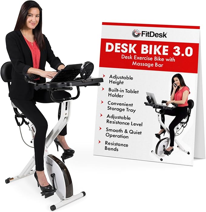 FitDesk Standing Exercise Bike Desk 3.0, Adjustable Height Indoor Cycling Trainer with Laptop Tray, Portable Stationary Fitness Desk for Home Office, Foldable Exercise Workstation, Supports 300 lbs