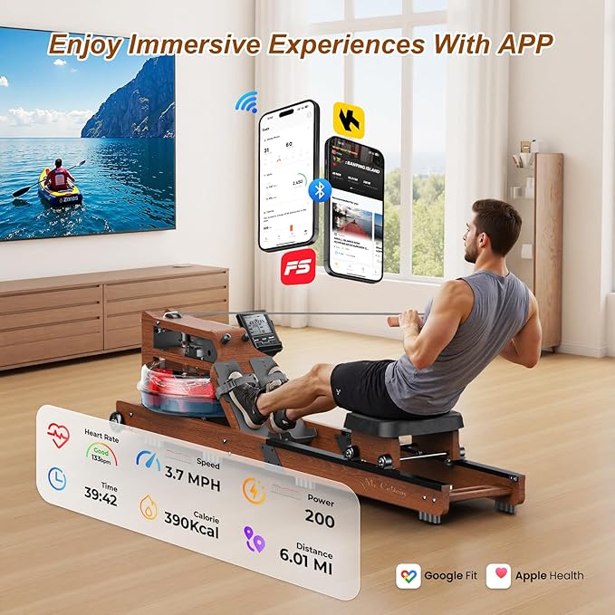 Water Rowing Machine for Home Use- Foldable Rower Machine 400LBS Weight Capacity with Dedicated Monitor & Comfortable Seat, Bluetooth APP