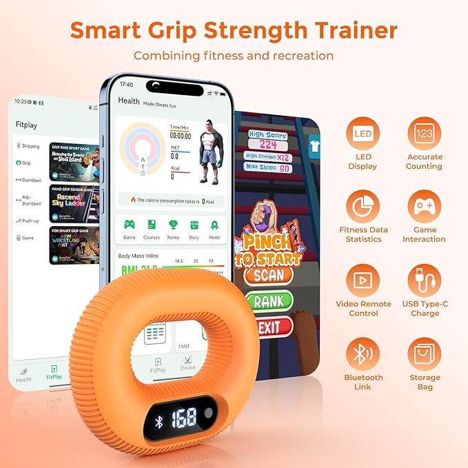 Smart Bluetooth Hand Rehab Exerciser, Silicone Grip Strength Trainer with App Tracking for Injury Recovery, Arthritis Relief, Finger Forearm Muscle Training, Finger Mobility, Carpal Tunnel & Recovery