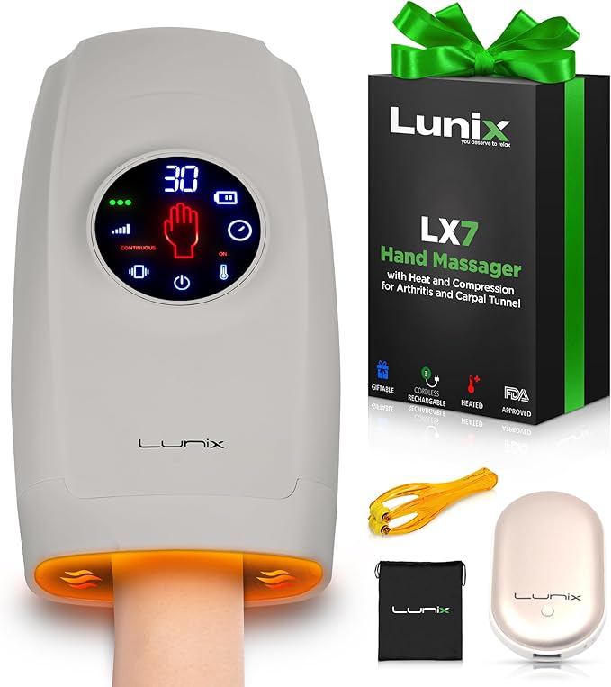 Lunix LX7 LCD Touchscreen Hand Massager, Heated Air Compression, for Arthritis & Carpal Tunnel Relief, Finger Numbness & Wrist Pain Relief, Cordless Rechargeable, Cloud Gray