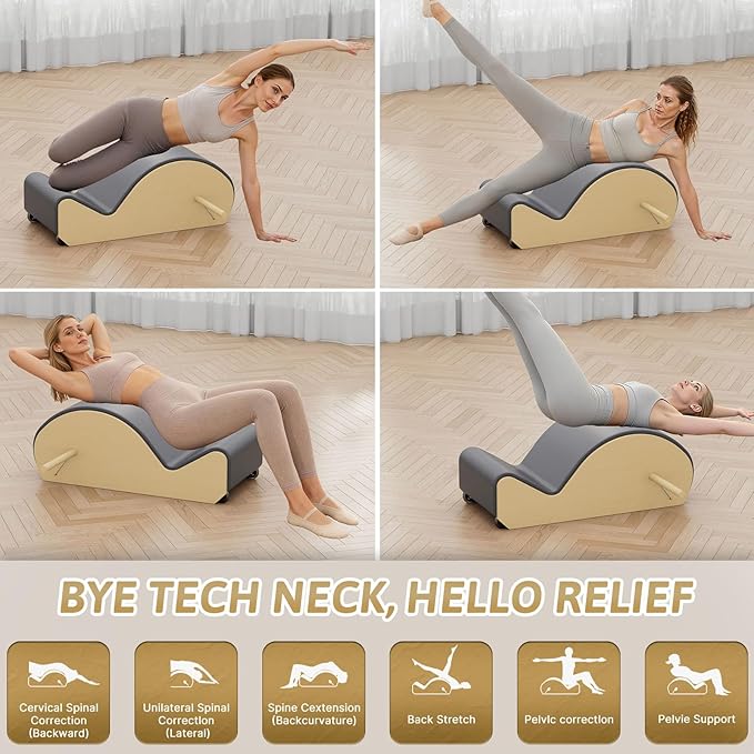 Wooden Gray Pilates Arc with Spine Corrector for Core Strengthening Back Pain Relief, Pilates Spinal Corrector Arch Barrel for Back Flexibility，at Home Reformer Pilates Posture