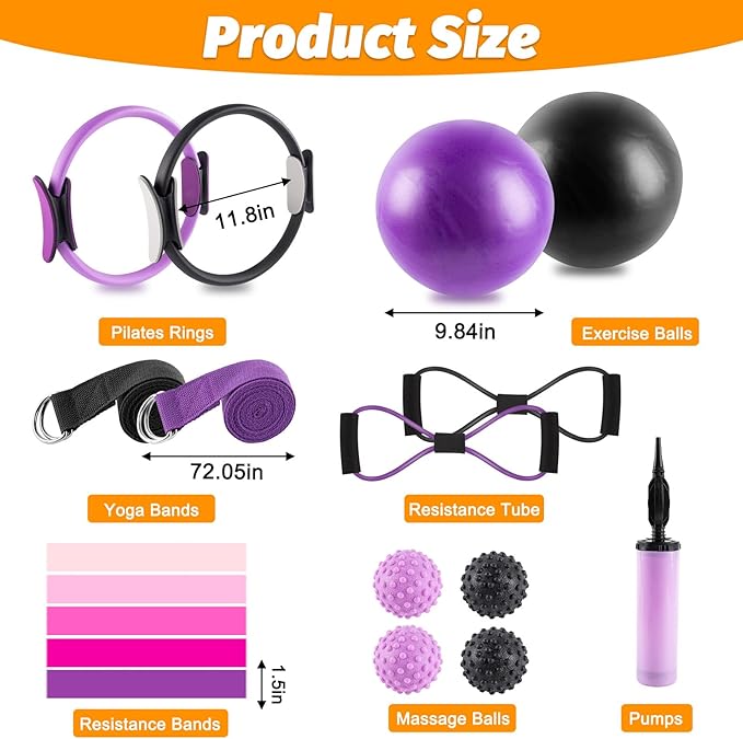 Pilates Ring Set - Complete Home Equipment Kit for Women with Magic Circle, Resistance Bands, Massage Balls, and Exercise for Toning and Flexibility
