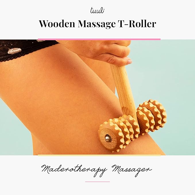 T-Shape Massager with Grooved Rollers, Multi-Functional Body Roller for Cellulite Reduction, Eases Muscle Tension and Supports Skin Health, Natural Muscle Roller