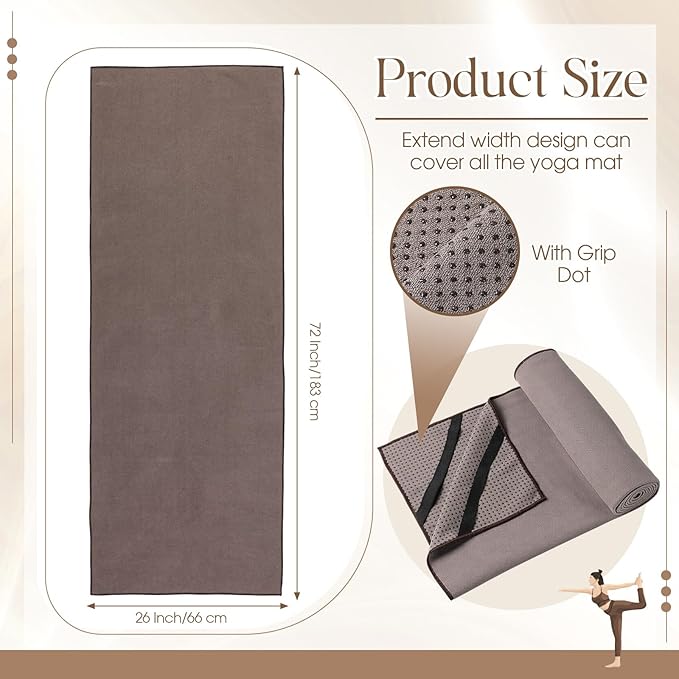 3 Pack Non Slip Hot Yoga Mat Towel with Grip Dot and Secure Fit Elastic Straps 72" x 26" Microfiber Yoga Towel Absorbent Sweat for Pilates Fitness (Beige Dark Gray Coffee)