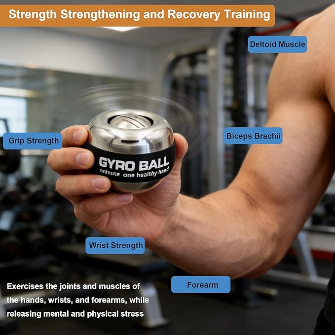 All-Metal Power Gyro Ball,Weighted Auto-Start Hand Wrist Forearm Trainer and Strengthener for Exercise Joint and Muscle with Ball Bag