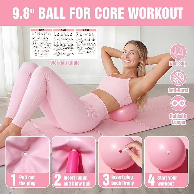 Pilates Kit with Foldable Yoga Mat, Portable Home Workout Pilates Equipment, Lightweight Pilates Set for Travel & Small Spaces,14.5" Pilates Ring and Ball, Resistance Bands & Core Sliders, Pink