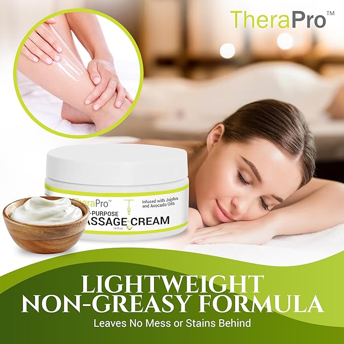 Multi-Purpose Massage Cream by TheraPro - 14 Ounces - Hypoallergenic, Unscented Cream - Massaging Cream Infused with Jojoba, Avocado Oil, Sweet Almond Oil