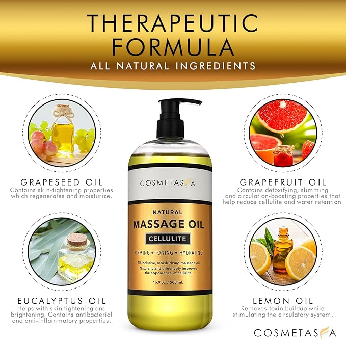 Cellulite Massage Oil with Massager Mitt - 100% Natural Cellulite Oil, Highly Absorbable and Deeply Penetrates Skin- Firms, Tones, Tightens & Moisturizes Skin By Cosmetasa 16.9 oz