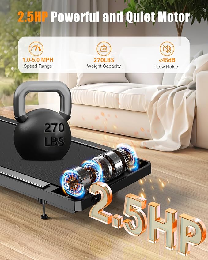 Walking Treadmill Pad with Incline - Portable Under Desk Treadmill, Walking Mat Pad with Handle Bar, 2.5HP Low Noise, 2 in 1 Treadmills for Home Office, Remote Control with LED Screen
