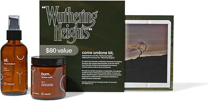 Maude x "WUTHERING HEIGHTS" Come Undone Kit - Limited Edition Two Piece Body Care Gift Set - Fragrance-Free Moisturizing Body Oil & Massage Candle Scented with Eucalyptus & Sandalwood