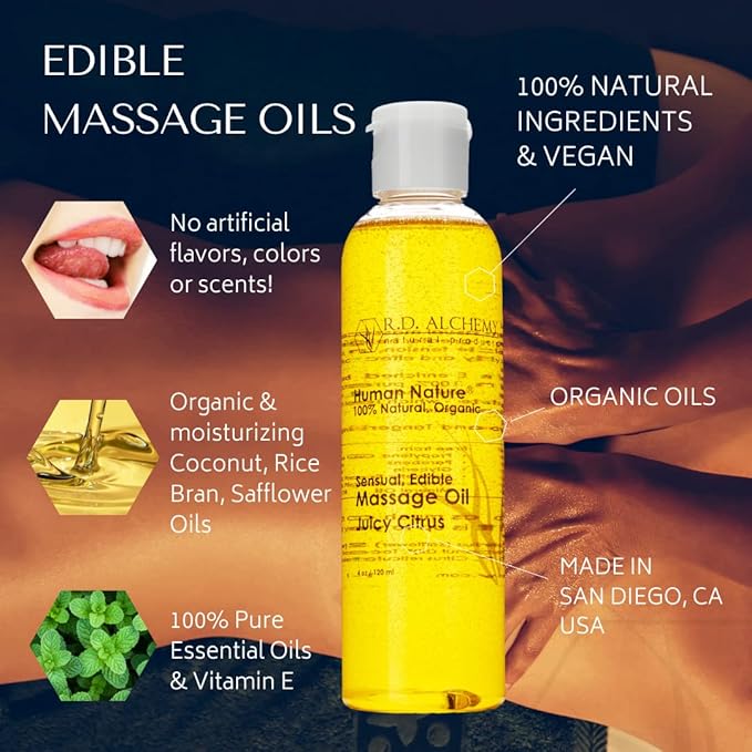 RD Alchemy - 100% Natural & Organic Edible Massage Oil - Sweet & Rich Flavor: Bay Rum Love - Lightweight, Silky Smooth Massage Oil with Natural Oils for a Soft, Sensual Glide and Mild Taste!