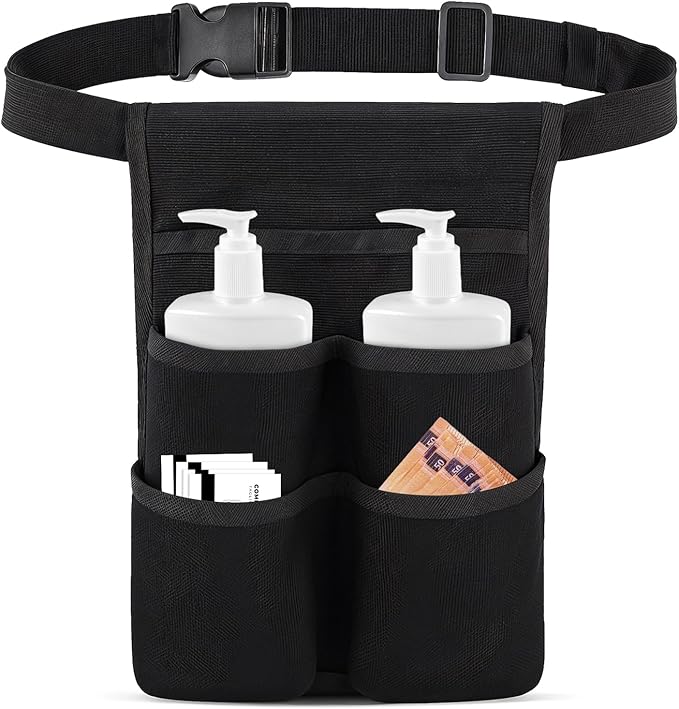 Massage Bottle Bag with Multiple Pockets, Black Professional Therapist Waist Bag for 2 Oil Lotion Bottles, Adjustable Belt with Multiple Pockets Organizer