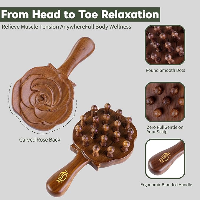 Wooden Scalp Massager & Cushion Hair Brush Gift Set – Manual Head Massage Brush with Rounded Tips, Gentle Scalp Stimulation & Daily Hair Care – Gift-Ready Self-Care Set