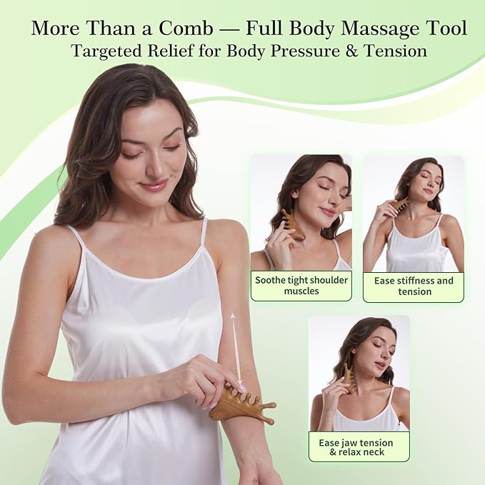 Gua Sha Tool for Face &Body,Gua Sha Sculpting Tool,Wooden Gua Sha Tool Face, Jawline Shaper Lymphatic Drainage Brush,Scalp Massage Tool&Head Scratcher,Face massager,Natural Green SandalWood