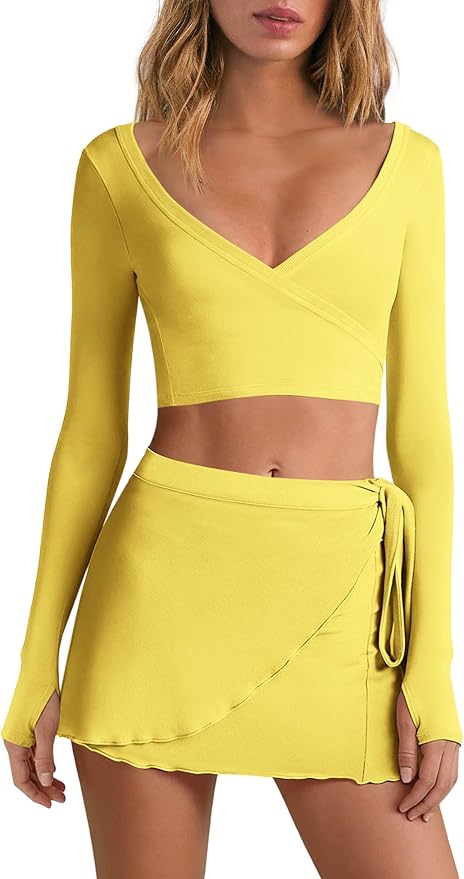 Nirovien Womens 2 Piece Workout Sets Sexy Pilates Outfits Athletic Gym Yoga Sets Ballet Wrap Top and Skirt