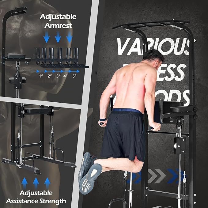 Dland Power Tower Dip Station Pull Up Bar Exercise Tower, Multifunctional Adjustable Height Training Equipment for Home Gym, Free Standing Assisted Fitness Workout Pullup Rack Station Machine
