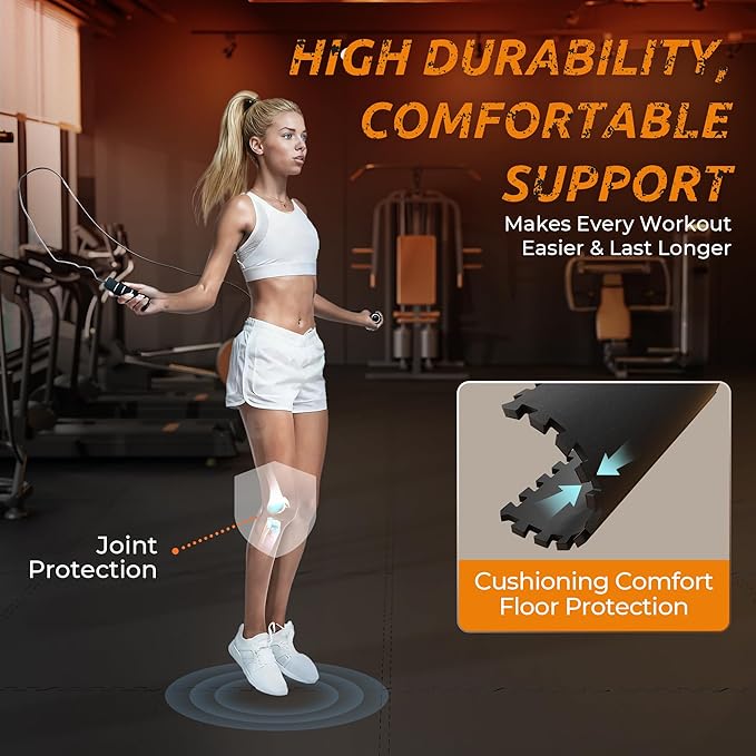 PRAISUN 0.6" Thicker Rubber Top Gym Flooring for Home Gym, 24 Pcs 96 Sq Ft Workout Mats, Exercise Mat, Interlocking Rubber Floor Mats with High Density EVA Foam for Garage, 24 x 24in, Black