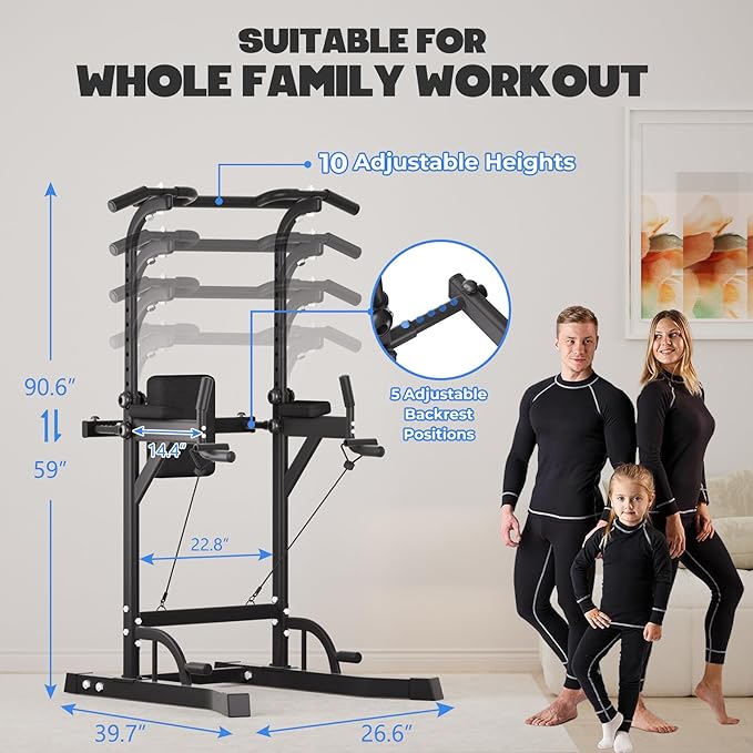 Power Tower Pull Up Dip Station, Heavy Duty Pull Up Station Dip Bar Station Multi-Function Home Gym Strength Training Fitness Equipment 500LBS