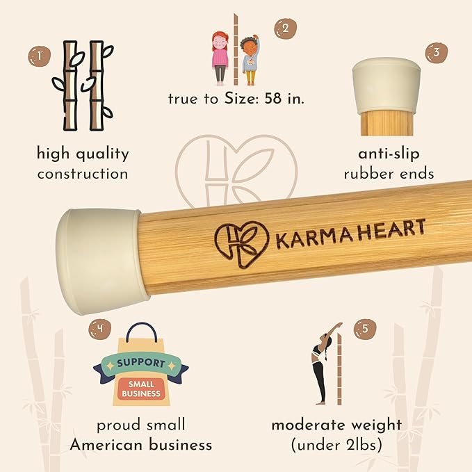 Natural Bamboo Yoga Stick (5ft): Stretching Stick with White Sturdy Rubber Ends - Versatile Exercise Stick for Yoga, Stretching & Posture with Unlimited Access to Video Exercises