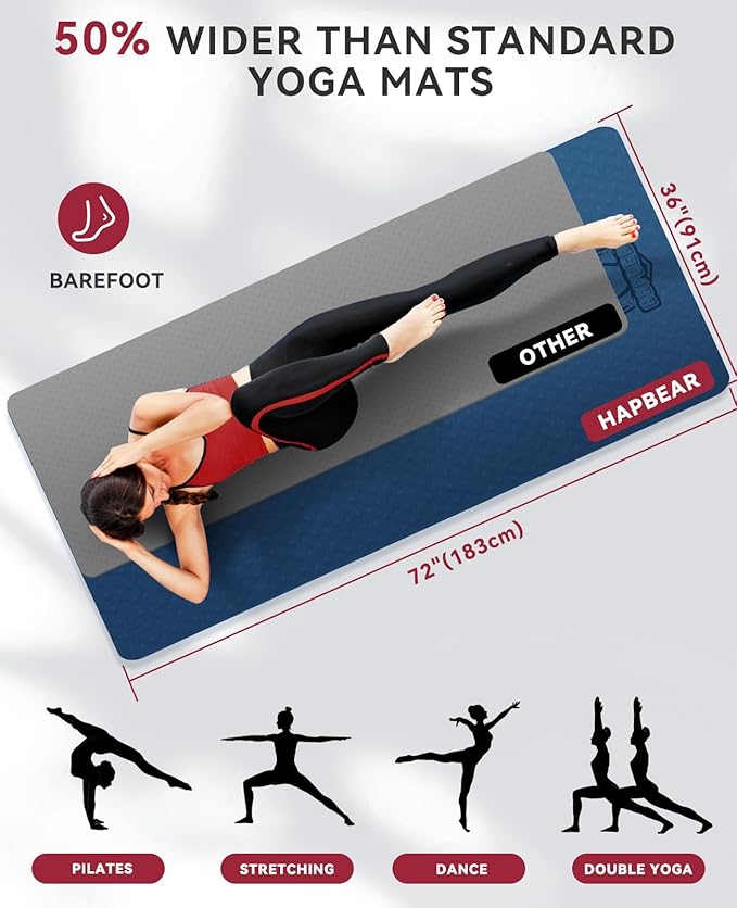 HAPBEAR Large Yoga Mat - 72"x36"x6mm (1/4 inch), Extra Wide Non-Slip Exercise Mat for Home Workout, Yoga, Pilates & Stretching, Durable & Eco-Friendly, Includes Bonus Resistance Bands & Carry Bag
