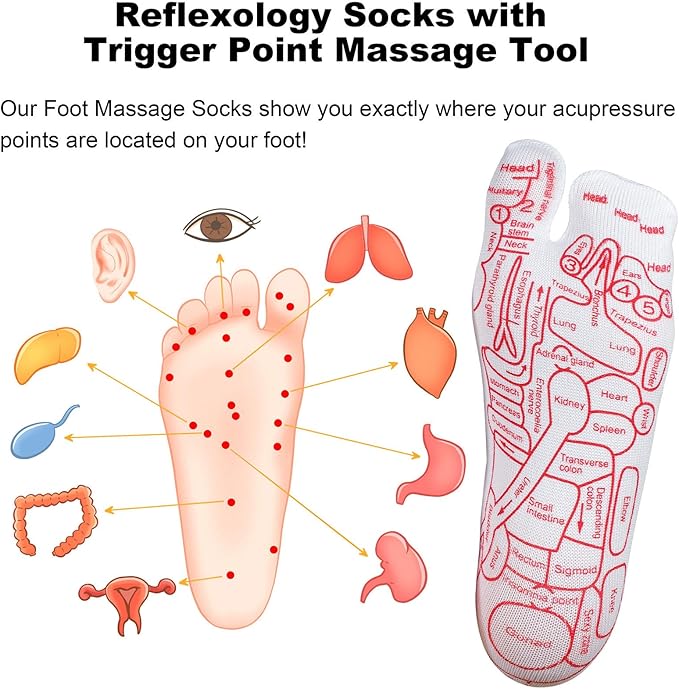 Reflexology Socks with Beginner Acupoint Massage Tools Set of 5 - Foot Pain Relief Remedy for Foot Massage Rod for Women and Men Tired Relieve (Man-Big-Red)