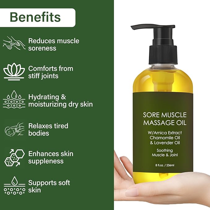 Sore Muscle Massage Oil for Women,Massage Therapy Oil for Soreness & Stiffness,Natural Oils with Lavender & Chamomile Essential Oils for All Skin Types（8oz）