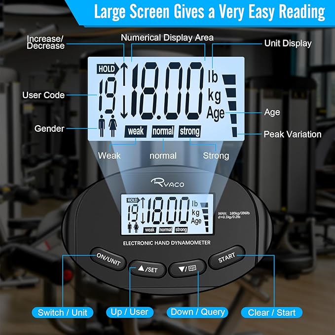 Ryaco Grip Strength Tester, 396lbs/180kg Rechargeable Exerciser Meter Digital Hand Dynamometer Grip Strength Trainer Electronic Hand Grip Strengthener with LCD Display for Sport Home School Use