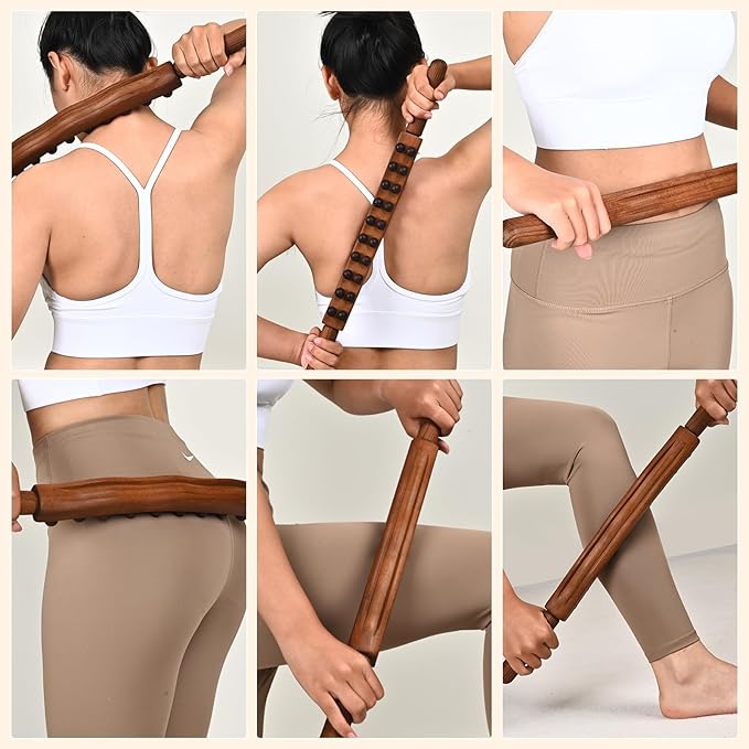 Guasha Wood Massage Stick Tools Wooden Therapy Scraping Lymphatic Drainage Massager, Double Row 20 Beads Point Treatment Gua Sha Tools, Stomach Cellulite Massager, Myofascial Release Tool