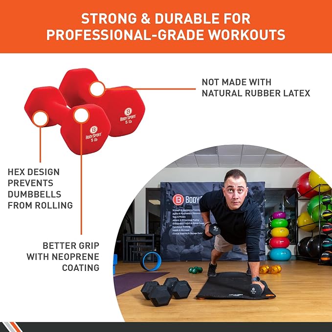 Body Sport Neoprene Dumbbell Weight - Latex-Free, Strength Training Equipment for Home Fitness & Gym Workouts